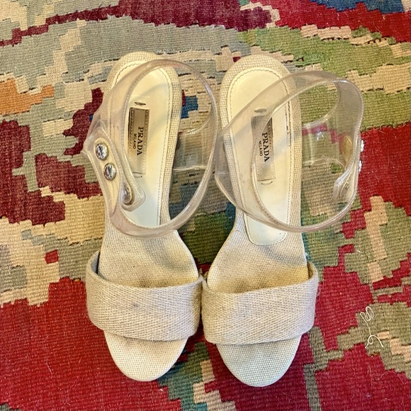 PRADA SP10 Clear PVC Platform Heels Beige Burlap Raffia Strap, sz 38.5 - Picture 5 of 13